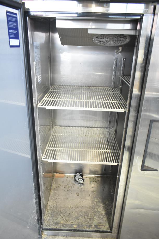 Turbo Air M3R47-2-N 2 Door Reach-In Cooler, silver exterior, three wire shelves, visible fan, 115V, 1 Phase.