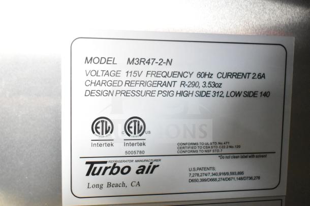 Turbo Air M3R47-2-N cooler label. Voltage: 115V, Refrigerant: R-290, Design pressure: 312/140 PSIG. Intertek certified.