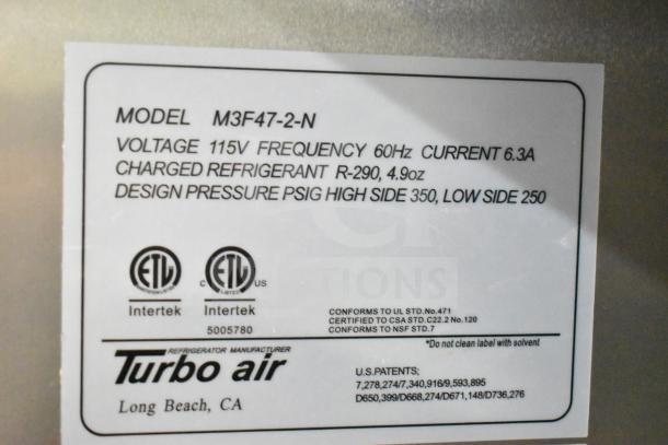 Turbo Air M3F47-2-N Commercial Freezer label showing model, voltage (115V), frequency (60Hz), refrigerant (R-290, 4.9oz).
