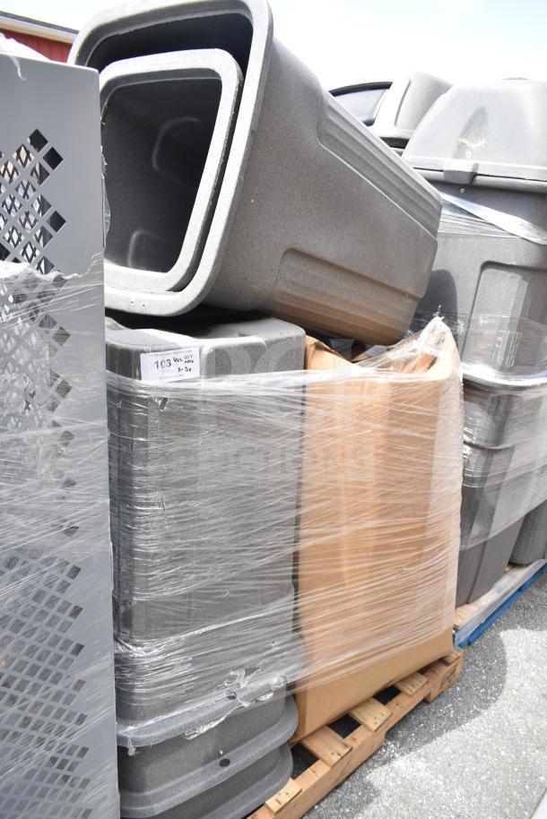 Set of 8 large gray plastic trash cans, stacked and shrink-wrapped, on a pallet. Ideal for bulk purchase.
