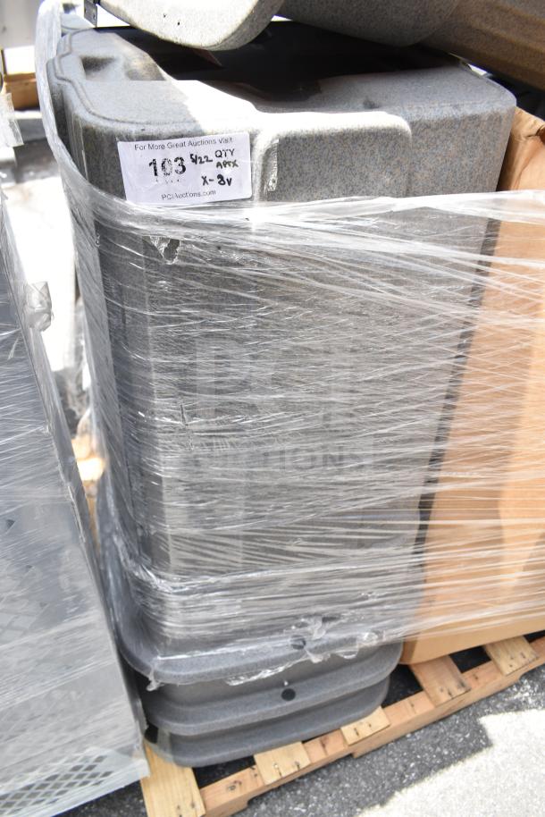 Eight gray trash cans on a pallet, wrapped in plastic, with auction tag "Lot 103, Qty 8x".