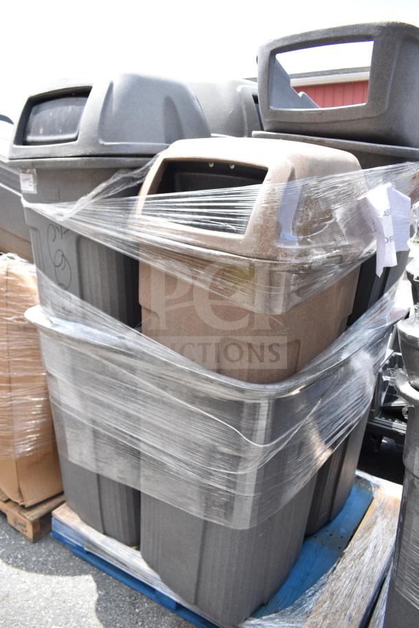 Eight assorted trash cans wrapped on a pallet, featuring gray and tan colors. Ideal for bulk purchase.
