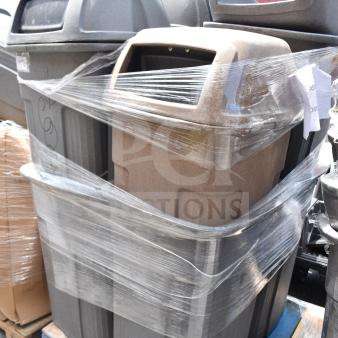 Eight assorted trash cans wrapped on a pallet, featuring gray and tan colors. Ideal for bulk purchase.
