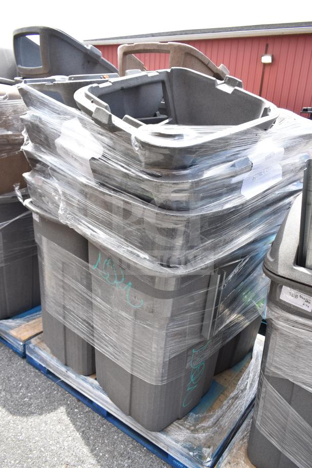 Seven stackable gray trash cans wrapped in plastic on a wooden pallet, suitable for commercial use.