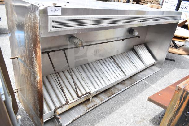 9.5 ft commercial return air grease hood with filters and lights, used condition, visible rust and grime, auction label showing $199.