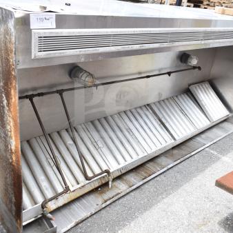 9.5 ft commercial return air grease hood with filters and lights, used condition, visible rust and grime, auction label showing $199.
