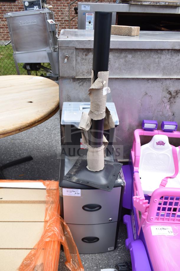 3-item set: portable file tote, 2-drawer metal cabinet, black table base column. Visible auction tags with lot details.