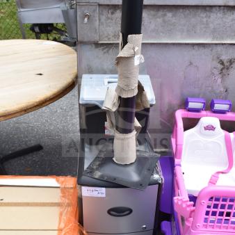 3-item set: portable file tote, 2-drawer metal cabinet, black table base column. Visible auction tags with lot details.