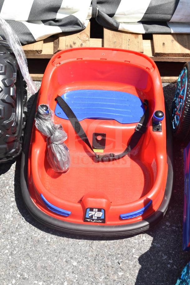 Red children's ride-on hover car with seat belt, Flybar branding, and control panel, shown in good condition.