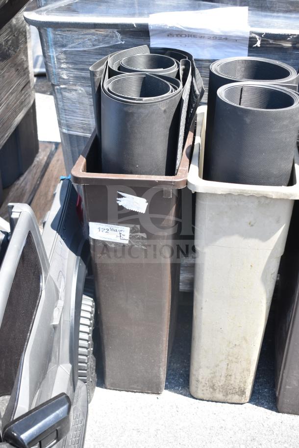 Six items including brown and beige Slim Jim trash cans with rolled black mats. Visible label on can notes "6 Times Your Bid".