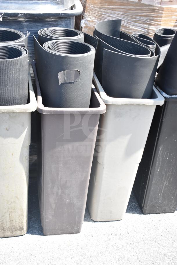 6 Slim Jim trash cans with rolled mats, different colors, in good condition. Auction includes 6 lots per bid.