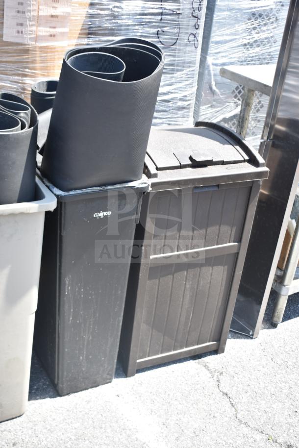 Six various items including black Slim Jim trash cans with rolled rubber mats, showing light wear.