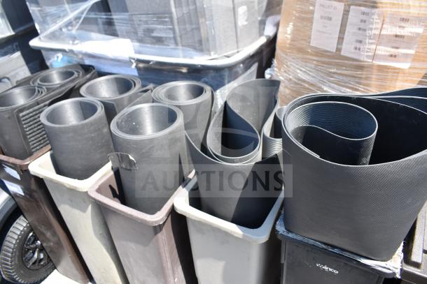 6 various items include Slim Jim trash cans and rolled mats, stored together; auction lot offers items six times your bid.