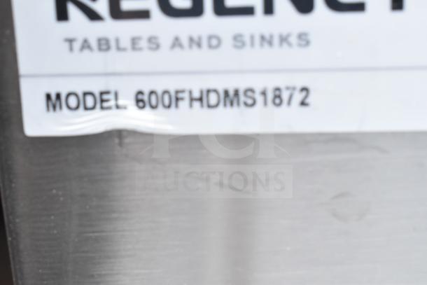 Brand new Regency 600FHDMS1872, 72"x17.5" hand sink, designed for three 8" center faucets. Lacks legs, scratch and dent condition.