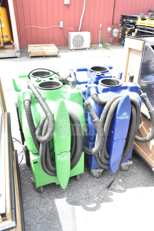 Two floor cleaning machines on wheels, one green and one blue, with hoses. Green machine branded "Fresh Operations."