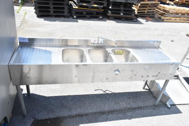 Krowne 18-63C commercial 3 bay back bar sink with dual drain boards, stainless steel, moderate wear, with faucet.