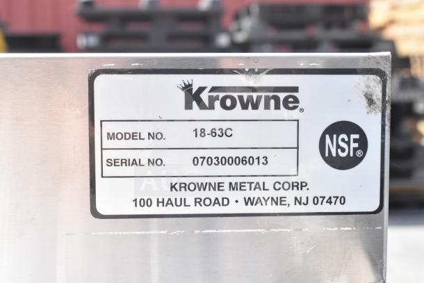 Krowne 18-63C label, showing model and serial numbers. Commercial 3 bay back bar sink with dual drain boards.