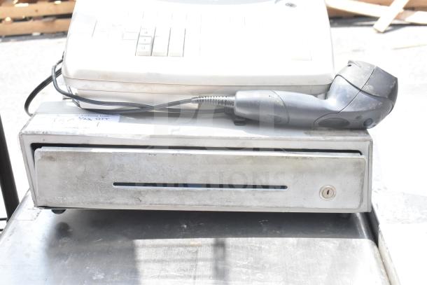 TE-2200 Countertop Electronic Cash Register with attached barcode scanner. Visible wear and a key slot on the drawer.