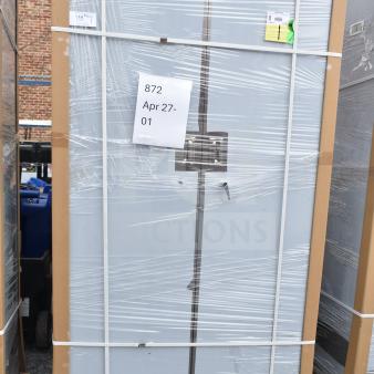 Brand new Regency 600SMC48DDM 48" stainless steel mop sink cabinet, wrapped, slight dents, April 27 label visible.