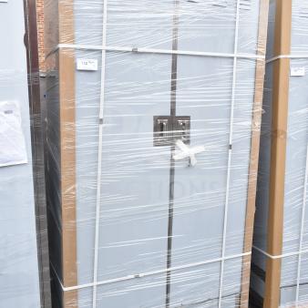 Regency 48" stainless steel mop sink cabinet, wrapped in plastic, new condition with minor scratches and dents visible.