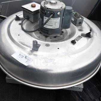 Greenheck 6-133-A-X commercial rooftop mushroom exhaust fan, metal finish, visible motor and wiring, moderate wear, label attached.