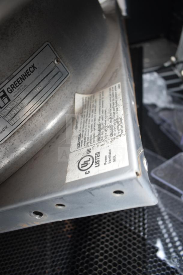 Greenheck 6-133-A-X commercial rooftop mushroom exhaust fan, UL listed, visible labeling, moderate wear.
