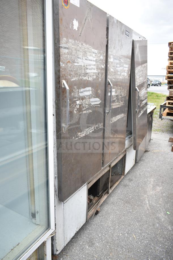 Leader FR79 S/C Commercial 3 Door Cooler with visible wear and labels. 230V, 1 Phase, needs maintenance.