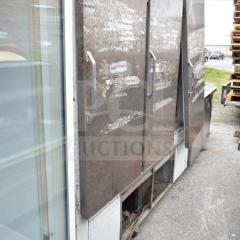 Leader FR79 S/C Commercial 3 Door Cooler with visible wear and labels. 230V, 1 Phase, needs maintenance.