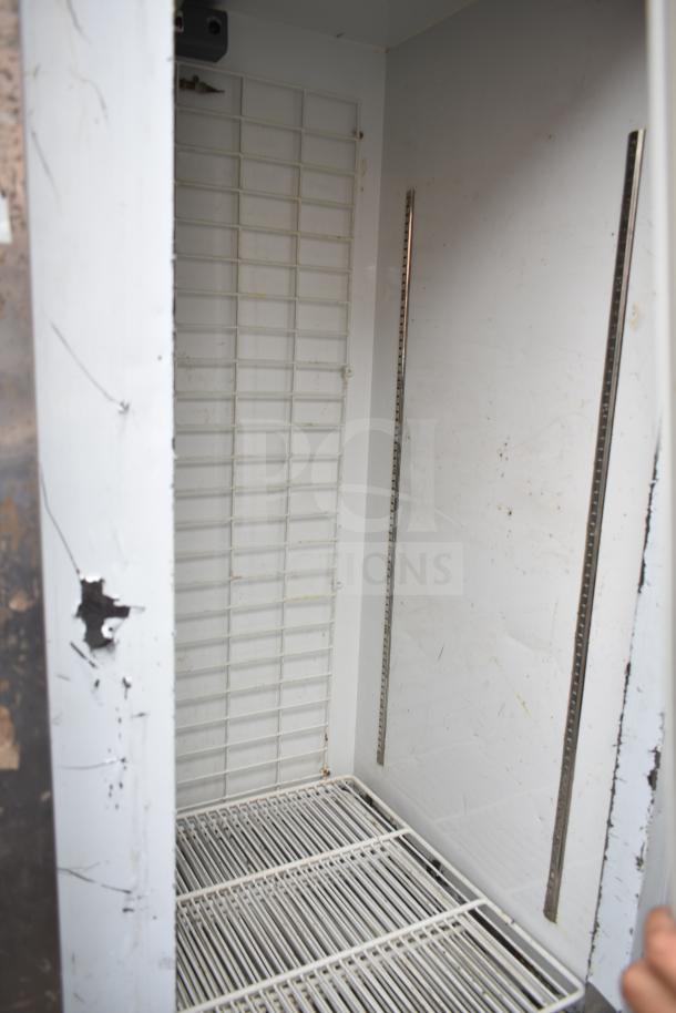 Leader FR79 S/C 3-Door Cooler Merchandiser, interior view, supports, shelving, some wear, 230V, 1 Phase.