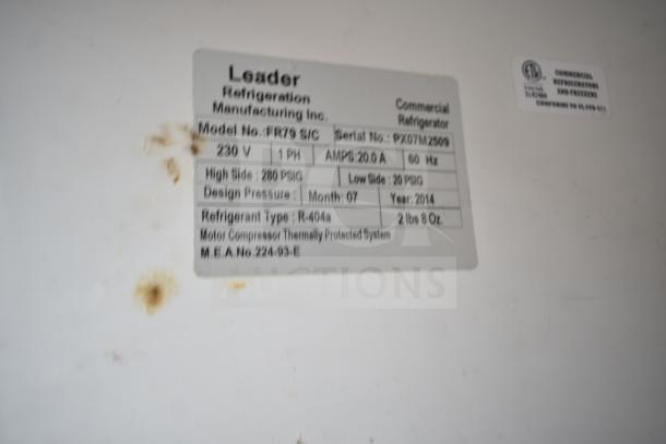 Leader FR79 S/C 3 Door Reach In Cooler, 230V, 1 Phase, Model PX07M2509, 2014, R-404a refrigerant.