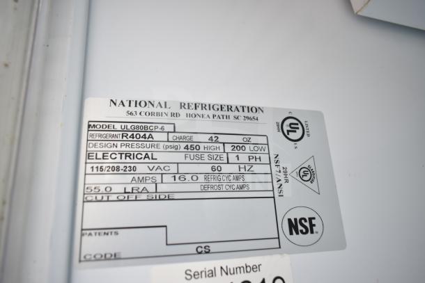 National ULG80BCP-6 freezer label showing specs: R404A refrigerant, 115/208-230V, 1 Phase, NSF certified.
