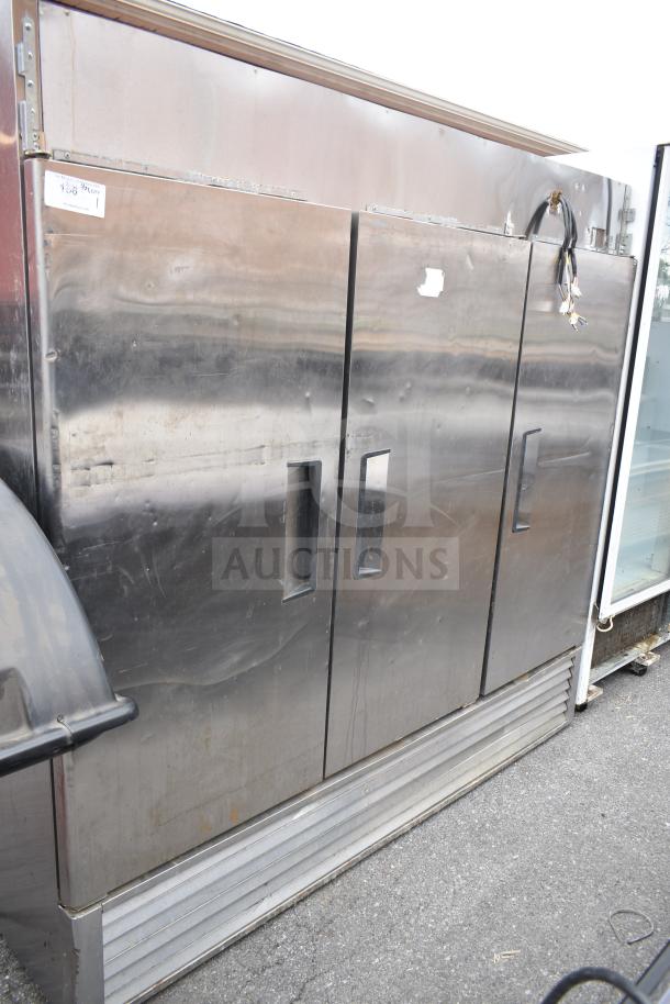 2016 Atosa MBF8508 commercial 3-door reach-in cooler, 115 volts, 1 phase, stainless steel, visible wear, exterior cords.