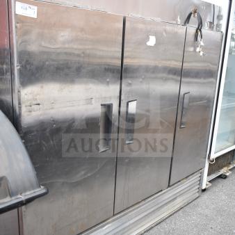 2016 Atosa MBF8508 commercial 3-door reach-in cooler, 115 volts, 1 phase, stainless steel, visible wear, exterior cords.