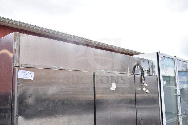 2016 Atosa MBF8508 Commercial 3 Door Reach In Cooler, stainless steel, 115V, 1 Phase, visible wear, missing handle.