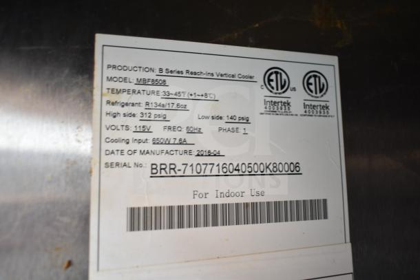 2016 Atosa MBF8508 commercial 3-door cooler label. Model, voltage, and refrigerant details visible.