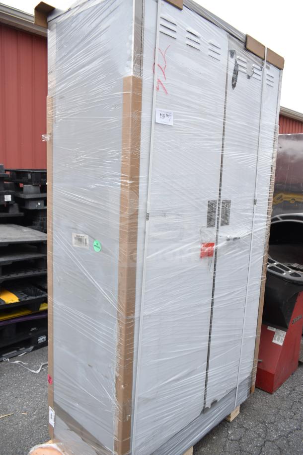 BRAND NEW Regency 600SMC48DDM 48" Stainless Steel Mop Sink Cabinet, wrapped, visible packaging with minor scratches.