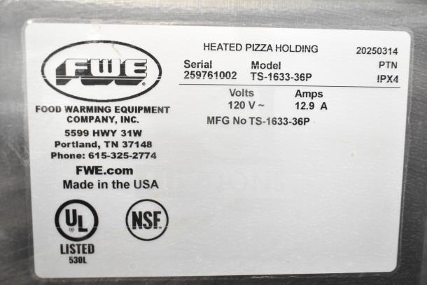 FWE TS-1633-36P Heated Holding Cabinet label; 120V, 12.9A; UL and NSF listed; made in USA; for commercial use.