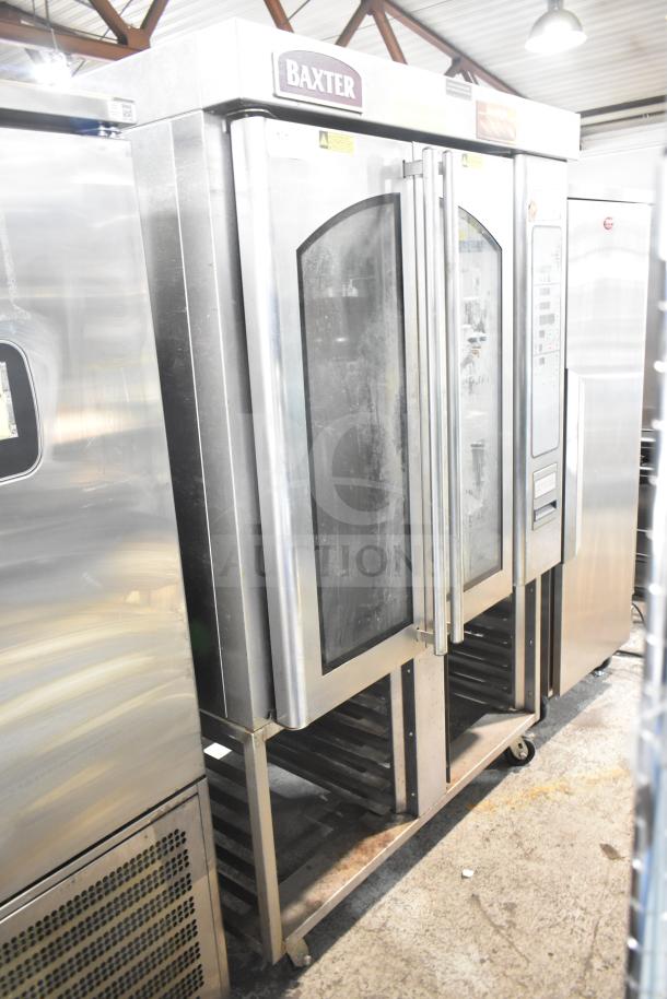 Baxter commercial natural gas mini rotating rack oven on double pan rack with commercial casters.
