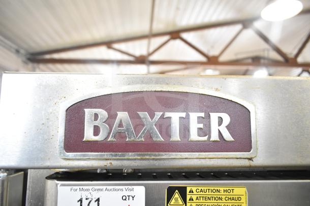 Baxter commercial natural gas rotating rack oven on double pan rack with casters, visible brand label, used condition.