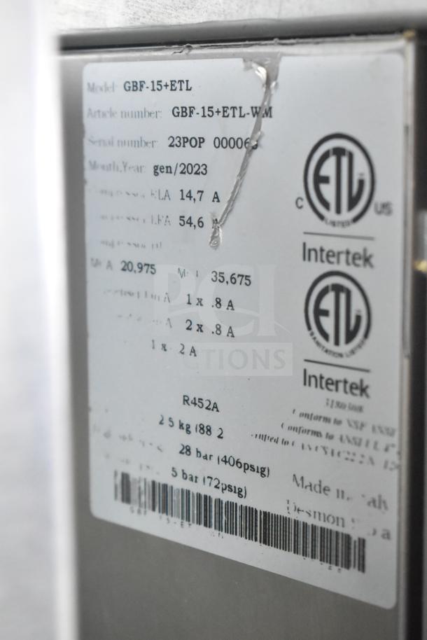 2023 Desmon GBF-15+ETL Stainless Steel Blast Chiller with 4 probes, commercial casters; 220V, 3-phase. ETL certified label visible.