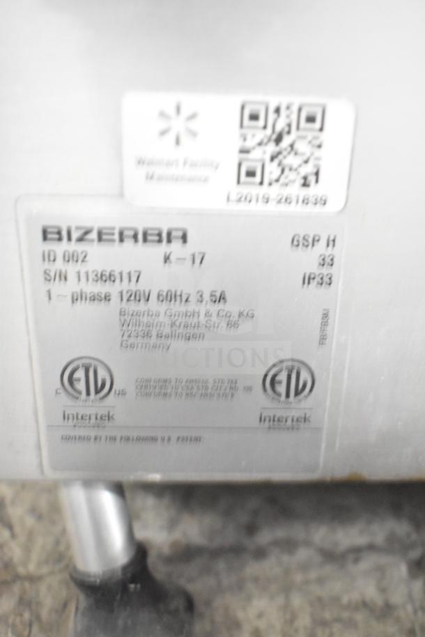 2017 Bizerba GSP H commercial meat slicer label; 120V, 1 phase, ETL certified, serial number 11366117, IP33.