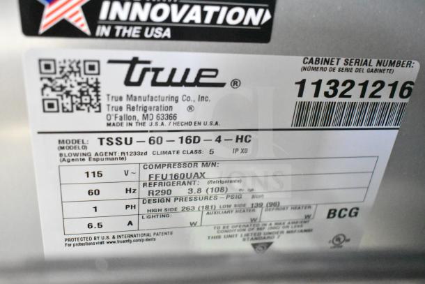 2026 True TSSU-60-16D-4-HC label showing model, voltage, compressor, refrigerant, and serial number 11321216.