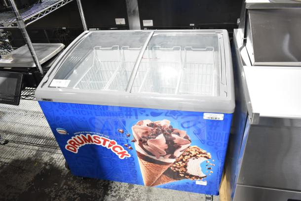 Hiron SD-300E Commercial Ice Cream Freezer Merchandiser, Drumstick branding, glass lid, 115 volts, 1 phase.
