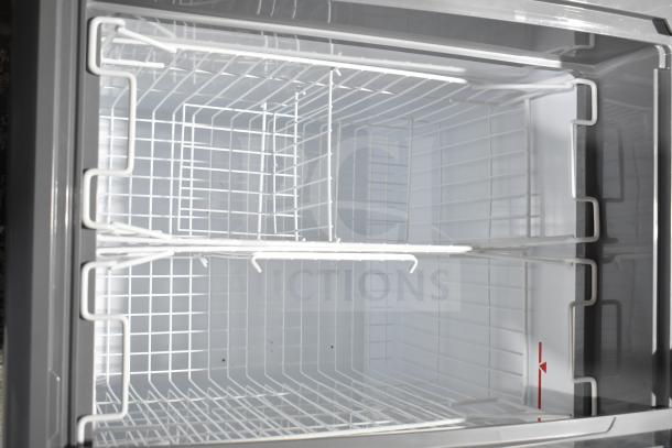 Hiron SD-300E ice cream freezer merchandiser in new condition, featuring wire baskets and clear interior, 115V, 1 Phase.