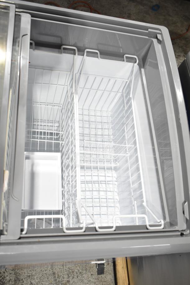 Hiron SD-300E Commercial Ice Cream Freezer Merchandiser, 115V, 1 Phase, open top view, clean interior, wire baskets.