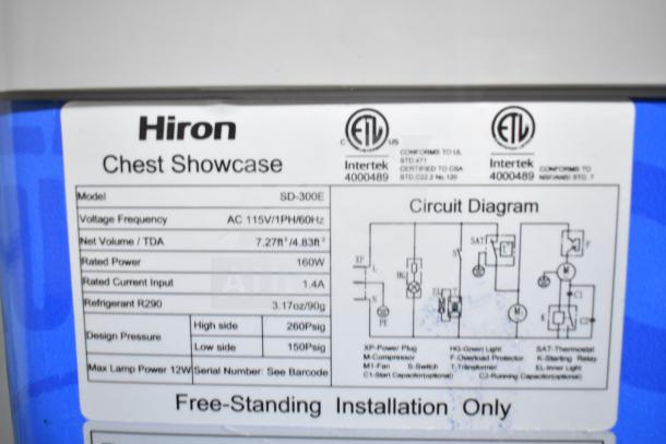 Hiron SD-300E ice cream freezer merchandiser label, 115V, 1 phase, 7.27 cu ft. Shows model, power, refrigerant, and diagram.