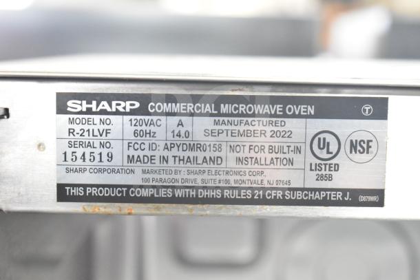 2022 Sharp R-21LVF Commercial Microwave, Model R-21LVF, 120V, 1 Phase, serial 154519, made in Thailand.