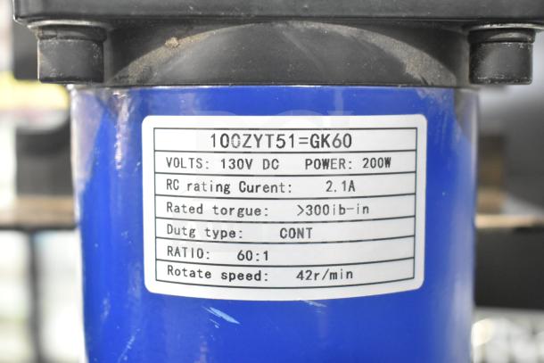 100ZYT51-GK60 Motor, 130V DC, 1 Phase, 200W, 2.1A, 300 lb-in torque, 60:1 ratio, 42 r/min.