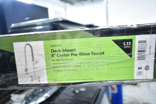 Brand new Regency 600PRD8X deck-mount 8" center pre-rinse faucet, no add-on, 1.15 GPM, stainless steel flex hose.
