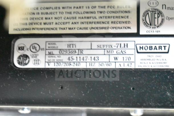 Hobart HTi-7LH commercial food portioning scale label, showing model and serial numbers. 120/208-240V, 1-phase.
